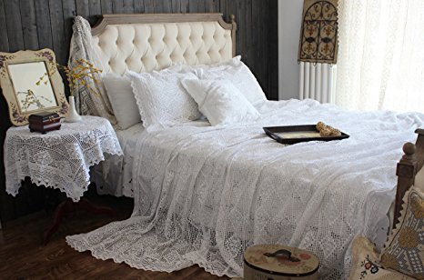 Hughapy Vintage American Cotton Bedding Thread Imitation of Hand Crochet Hook Flower Bed Cover White Lace Bed Spread Blanket Pillowcases Queen 3-Piece