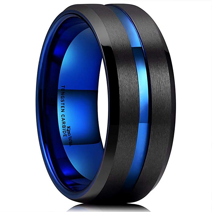 King Will Duo Mens 10mm Black Matte Finish Tungsten Carbide Ring Blue Beveled Edge Wedding Band