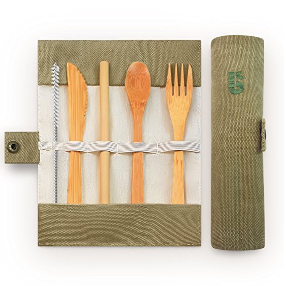 Bamboo Cutlery Set | Travel Cutlery Set | Eco Friendly Flatware Set | Bamboo Travel Utensils | Knife, Fork, Spoon and Straw| Wooden Cutlery Set | Camping Cutlery Set with Travel Pouch | 20 cm | Bambaw