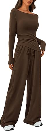 PRETTYGARDEN Women's 2 Piece Lounge Sets Asymmetrical Long Sleeve T Shirt Wide Leg Pants Casual Outfits Tracksuit