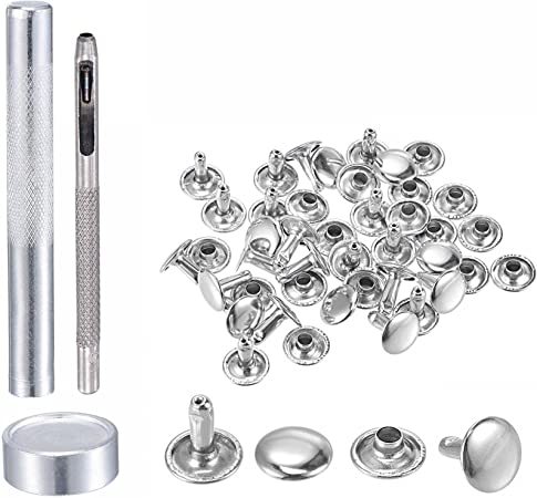 uxcell 20 Sets Leather Rivets Silver Tone 10mm Double Cap Brass Rivet Leather Studs with Setting Tools