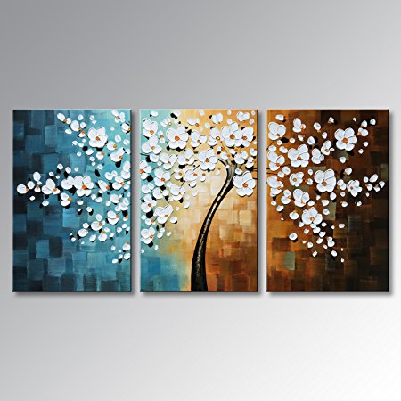 Winpeak Art Hand-painted Abstract Oil Painting Modern Plum Blossom Artwork Floral Canvas Wall Art Hangings Stretched And Framed (48"W x 24"H (16"x24" x3pcs), White )