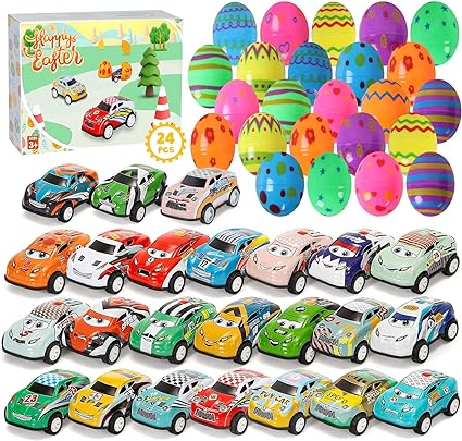 24 Pcs Easter Eggs Pre Filled with Pull Back Cars, Colorful Prefilled Plastic Eggs with Mini Cars for Kids Boys Girls, Toys Gift for Easter Egg Hunt, Easter Party Favor (24 Cars-A)