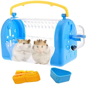 kathson Portable Hamster Cage Mouse Carry Travel with Water Bottle Food Bowl Nylon Strap Carrier for African Miniature Rabbit Chinchilla Squirrel and Other Small Animals