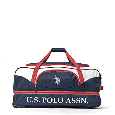 U.S. Polo Assn. 30in Deluxe Rolling Duffle Bag, Split Level Storage, Retractable Handle, Navy/Red