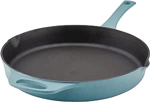 Rachael Ray NITRO Cast Iron Frying Pan/Skillet with Helper Handle and Pour Spouts, 12 Inch, Agave Blue