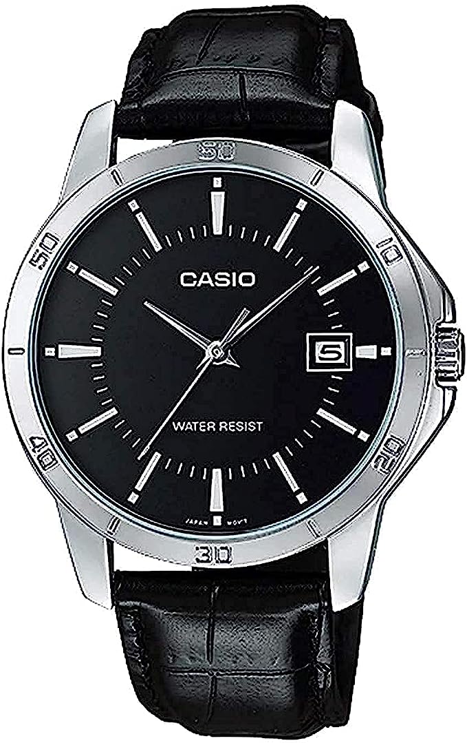 Casio MTP-V004L-1A Men's Stainless Steel Leather Band Black Dial Date Watch