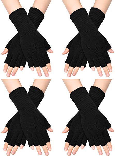 4 Pairs Unisex Half Finger Gloves Winter Stretchy Knit Fingerless Typing Gloves