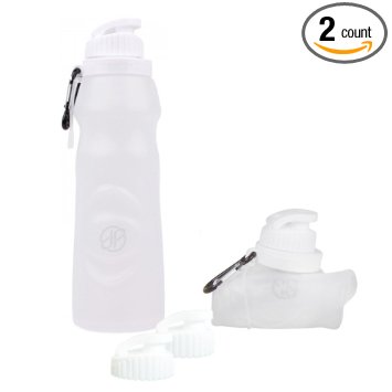 Collapsible Silicone 20oz Water Bottle (Set of 2) - Reusable Foldable Leak Proof Sports Canteen Camping Hiking Cycling Yoga Crossfit Air Travel - EXTRA LIDs Included (Clear, 20oz)