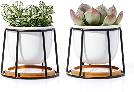 POTEY Ceramic Succulent Planter Pots - 3 Inch Modern Century Indoor Cactus Tabletop Container with Matte Black Metallic Stand with Watering Drain Holes, Set of 2, 211121