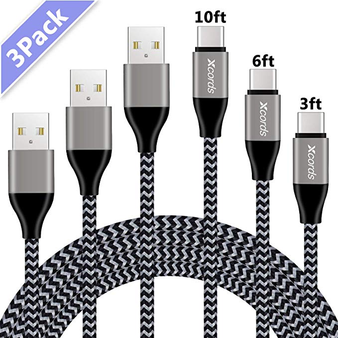 USB Type C Cable, Xcords Upgraded USB C Cable 3Pack 3FT 6FT 10FT USB C to USB 2.0 Nylon Braided Type C Cable for Galaxy S10, S9, S9 Plus,S8, S8 Plus, LG G5 G6 V30, HTC 10, Nexus 5X/6P, Google Pixel XL