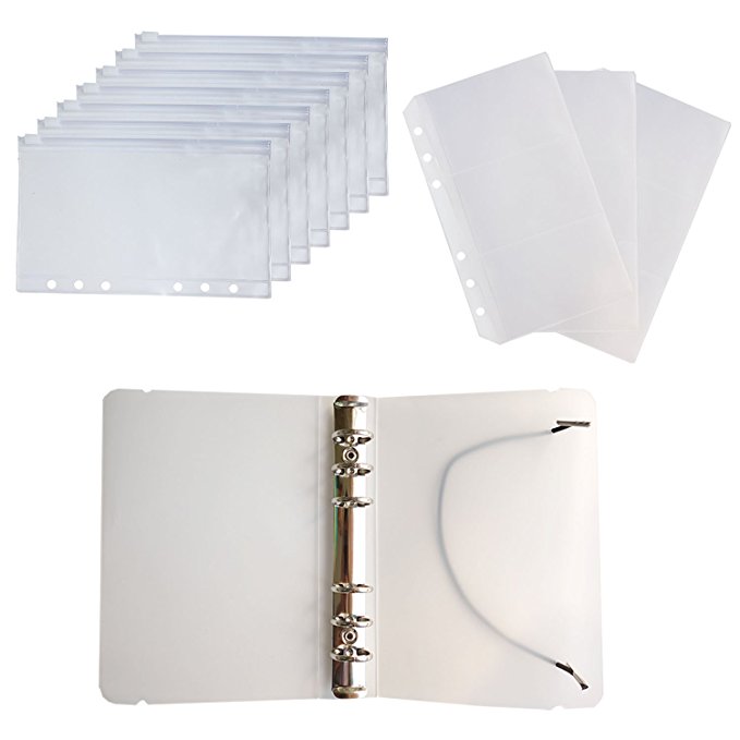D-Worthy 7 pcs Translucent Plastic A6 Size Ziplock Envelope Case Bill Pouch 3 pcs Pockets Name Card Bag with 1pcs 6 Hole Round Ring Binder Cover