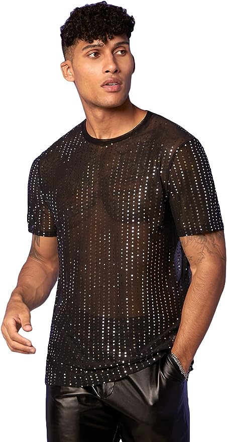 Milumia Men Rhinestone Mesh Sheer Tee Short Sleeve Round Neck T Shirts Streetwear