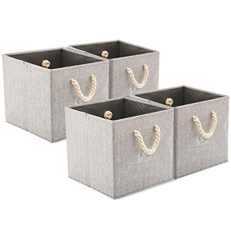 EZOWare [Set of 4] Foldable Fabric Storage Cube Bins with Cotton Rope Handle, Collapsible Resistant Basket Box Organizer for Shelves Closet Toys and More – Gray 12x12x12 inch