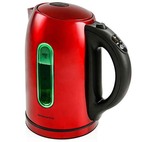 Ovente KS890R Electric Kettle, 1.7L, Cordless, 1100W, BPA-Free, 5 Preset Settings, Auto Shut-Off & Boil-Dry Protection, Red