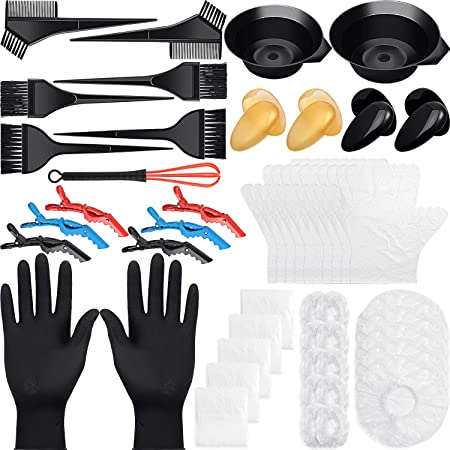 55 Pieces Hair Dye Coloring Kit DIY Hair Dye Tool, Including Hair Tinting Bowl, Dye Brush, Plastic Earmuffs, Clips, Stirring Rod, Disposable Ear Cover Shawls Shower Caps for Salon Home