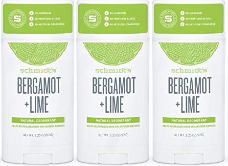 Schmidt's All Natural Deodorant Sticks Bergamot   Lime, Certified Vegan 3.25 Ounce 3 Pack
