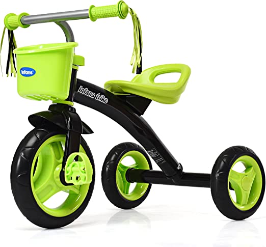 INFANS Kids Tricycle Rider with Adjustable Seat, Storage Basket, Premium Quiet Wheels, Non-Slip Handle (Green)