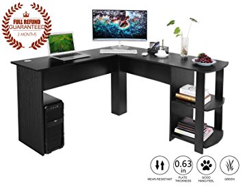 L-Shaped Office Computer Desk, Large Corner PC Table with 2 Shelves for Home and Office Use, Black Wood Grain
