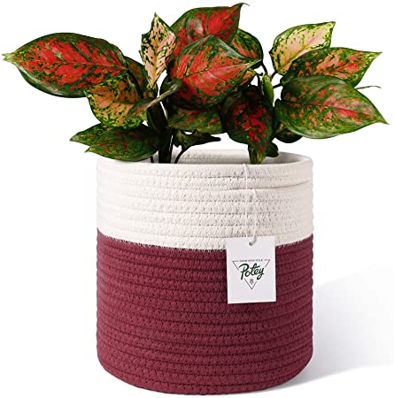 POTEY 701101 Woven Cotton Rope Plant Basket for 7" Flower Pot Floor Indoor Planters, 8"x 7.5" Storage Organizer Modern Home Decor(White Dark Red Stripes)