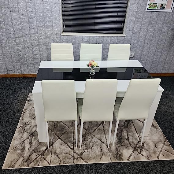 KOSY KOALA White and black wood gloss finish dining Table with 6 white Faux Leather chairs high gloss wood dining set (Table with 6 white chairs)