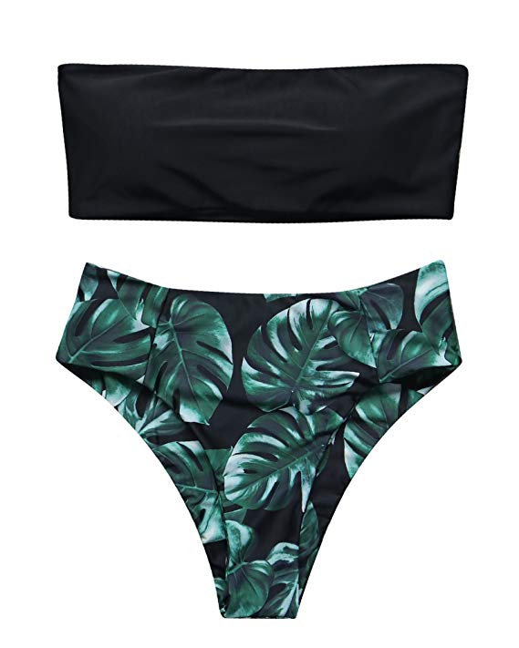 MOSHENGQI Women High Waist Marble Print 2 Piece Strapless Bandeau Bathing Suit Bikini Set