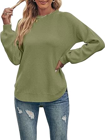 MEROKEETY Women's 2024 Fall Long Balloon Sleeve Crew Neck Sweater Tops Waffle Knit Soft Pullover Jumper