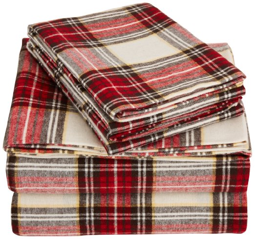 AmazonBasics Yarn-Dyed Lightweight Flannel Sheet Set - Queen, Cream/Red Plaid