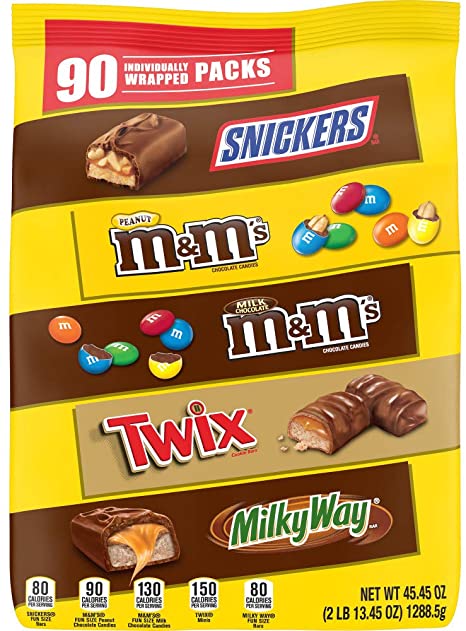 Snickers, M&M'S Milk Chocolate, M&M'S Peanut, Twix & Milky Way Halloween Candy Variety Mix, 45.45 Ounces, 90 Pieces