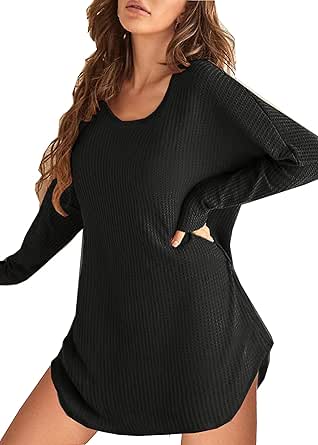 Ekouaer Womens Nightgown Waffle Knit Long Sleeve Nightgown Sleep shirts Night Dress for Women S-XXL