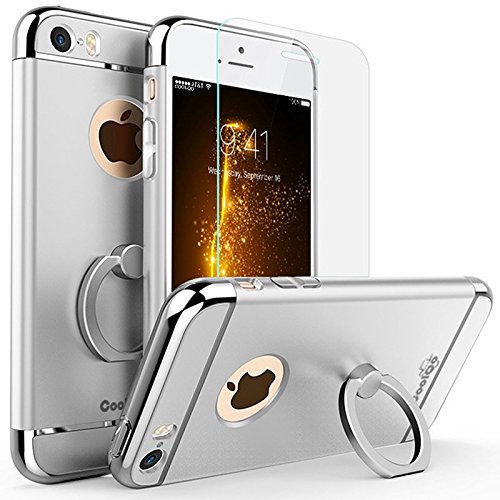iPhone 5 Case, iPhone 5S Case, iPhone SE Case, COOLQO® Ultra-thin 3in1 Plastic Hard Cover Skin 360 Degree Rotating Ring Kickstand & [Tempered Glass Screen Protector] for Apple iPhone 5/5S (Silver)