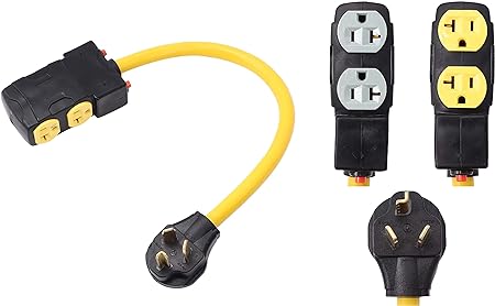 ONETAK NEMA 10-30P to 4 Outlet Port 5-15R 5-20R 1.5 FT 10 AWG W/Current Protector 120/240V 3 Prong Male Plug to 120V 20 Amp Home Appliance 3 Prong Female Receptacle RV Generator Power Cord Adapter