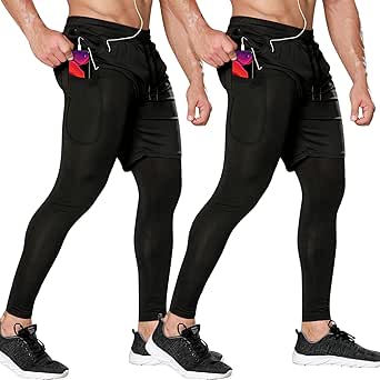 Odoland 2 Pack Mens Compression Running Pants, 2 in 1 Quick Dry Athletic Workout Sweatpants Shorts Gym Leggings with Pocket