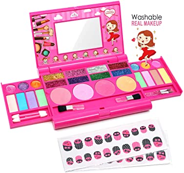 EDORTA Washable Palette Makeup Kit - Fold Out Make-up Palette with Mirror, Make-up Toy Cosmetic Kit Gifts for Little Girls - Safe Cosmetic& Non Toxic Beauty Set for3-7 Year Old Girl Birthday Gifts.