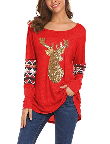 Qearal Womens Casual Long Sleeve Christmas Reindeer Sequin T Shirt Blouse Tops