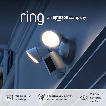 Ring Floodlight Cam Wired Plus di Amazon – Video in HD a 1080p, proiettori LED, sirena integrata, alimentazione via cavo | Periodo di prova gratuita di 30 giorni del piano Ring Protect | Bianco