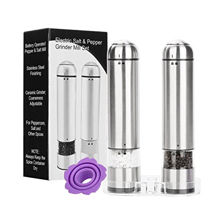 Electric Salt and Pepper Grinder Set | Stainless Steel Electronic Salt Grinder and Pepper Mill by YIHONG | Battery Operated Ceramic Grinders with Light and Adjustable Coarseness (Pack of 2)