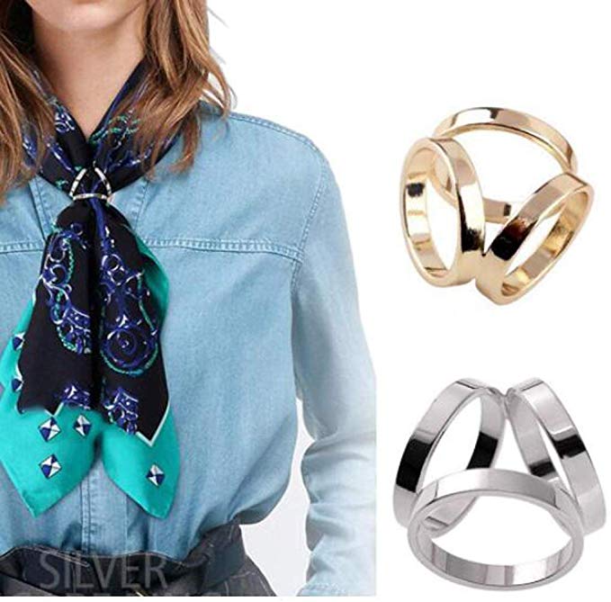 2PCS Women Lady Girls Simple Fashion Three Rings Scarves Buckle Scarf Clip Scarf Ring Wrap Holder Clamp Silk Sarf Clasp for Clothing Neckerchief Shawl Golden Silver Set