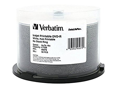 Verbatim 4.7GB up to 16x DataLifePlusWhite Inkjet PrintableHub Printable Recordable Disc DVD-R 50-Disc Spindle 95079