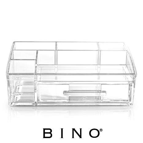 BINO 'The Academic' 7 Compartment Acrylic Makeup and Jewelry Organizer with Removable Drawer, Clear and Transparent Cosmetic Beauty Vanity Holder Storage