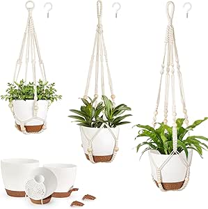 Mkono Hanging Planters, Macrame Plant Hangers with Self Watering Plant Pots Indoor Set of 3 Hanging Baskets Flower Pot Holders with Hooks No Tassels 3 Different Size for Boho Home Decor, Ivory