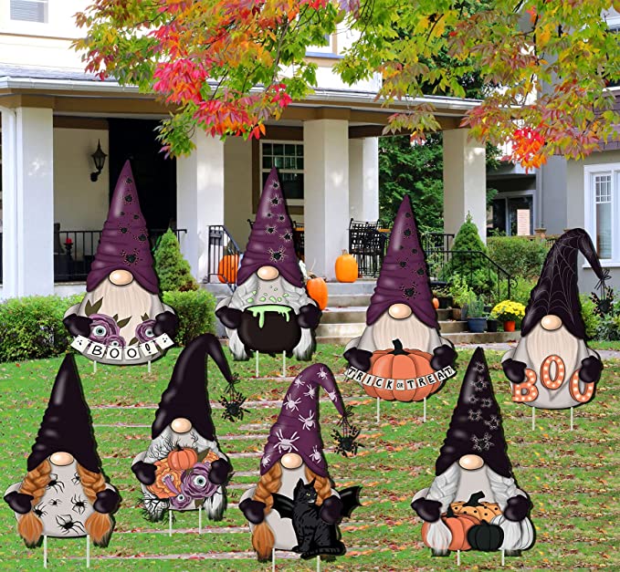 LUCKKYY 8PCS Halloween Gnome Decorations - Yard Sign & Outdoor Lawn Decorations Family Friendly Trick or Treat Party Plastic Décor