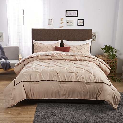 Felicite Home 3 Piece Printed Reversible Pinch Pleat Comforter Set Fade Resistant, Wrinkle Free, No Ironing Necessary, Luxury Silky Soft,, All Season Decorative,King, Taupe