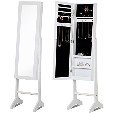 Yaheetech Mirrored Jewelry Cabinet Armoire Mirror Organizer Storage Box with Stand, White