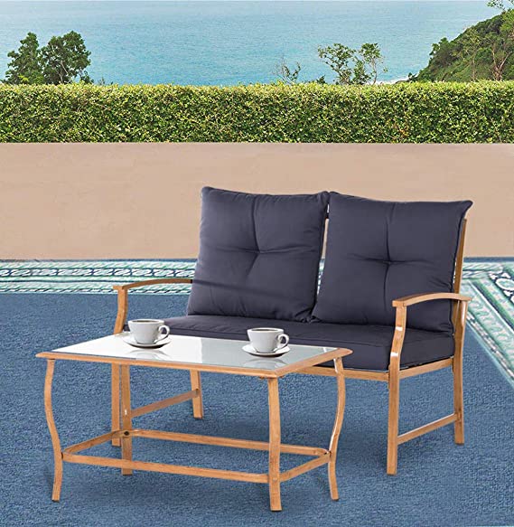 SOLAURA Patio Outdoor Furniture 2 Piece Loveseat Light Brown Coated Metal Frame Nautical Navy Blue Cushions & Glass Coffee Table Bench Sofa