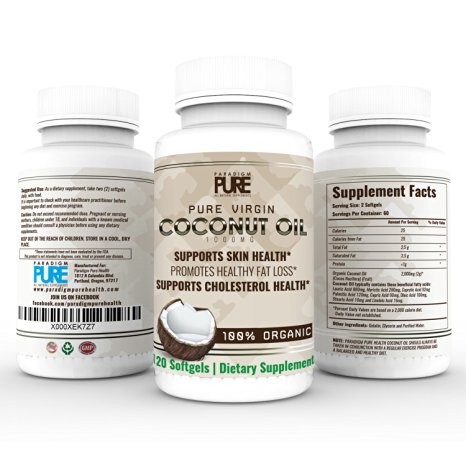 Pure Organic Virgin Coconut Oil Capsules, 120 Softgels Pills, Supports Healthy Cholesterol, Skin, Hair and Nails
