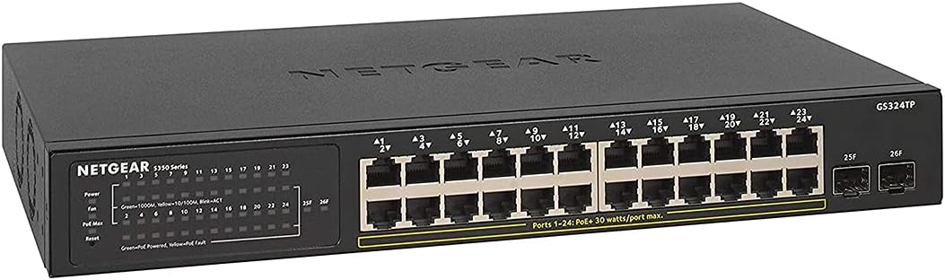 NETGEAR GS324TP 24 Port PoE    2 x 1G SFP Ethernet Smart Managed Pro Network Switch, Hub, Internet Splitter, Desktop/Rackmount, VLAN, IGMP,QoS