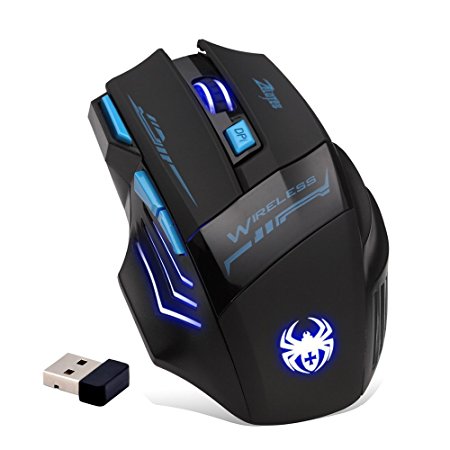 DLAND ZELOTES Professional LED Optical 2400 DPI 7 Button USB Wireless Gaming Mouse Mice for gamer Adjustable DPI Switch Function 2400 DPI /1600 DPI /1000 DPI For Pro Game Notebook PC Laptop Computer (USB adapter Insert the Back of the Mouse)
