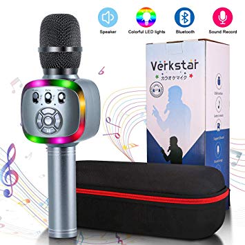 Verkstar Wireless，Bluetooth Karaoke Microphone with Colorful LED, 2800mAh Rechargeable Portable Handheld Karaoke Speaker for Party/Family/Birthday/Christmas (Gray)