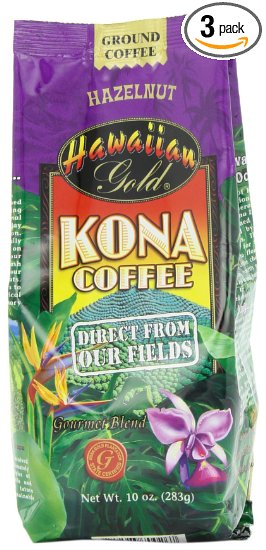 Hawaiian Gold Kona Hazelnut Ground Coffee 10-Ounce Pack of 3
